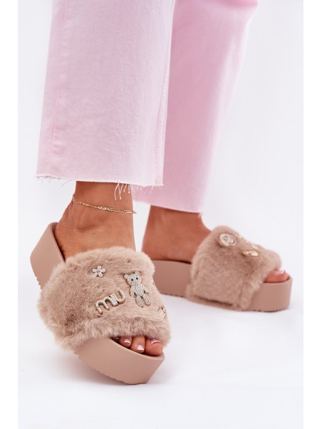 Women's Platform Slippers With Fur And Gold Accessories Beige Livira