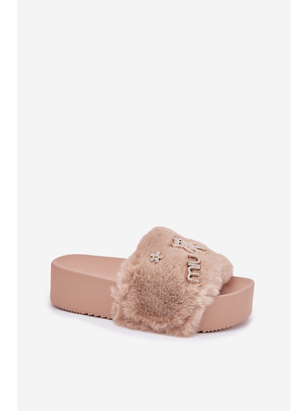 Women's Platform Slippers With Fur And Gold Accessories Beige Livira