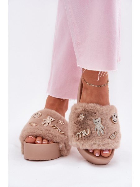 Women's Platform Slippers With Fur And Gold Accessories Beige Livira
