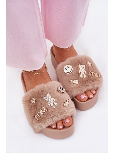 Women's Platform Slippers With Fur And Gold Accessories Beige Livira