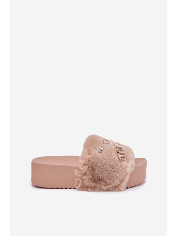 Women's Platform Slippers With Fur And Gold Accessories Beige Livira