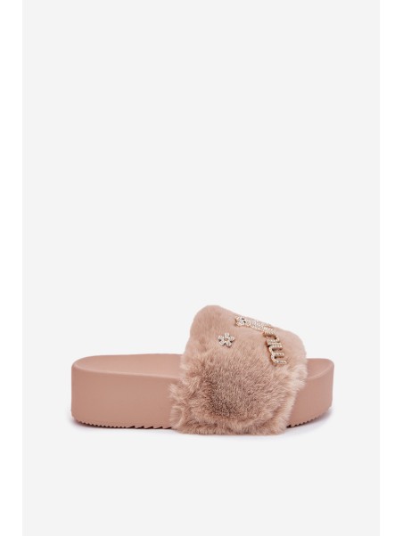 Women's Platform Slippers With Fur And Gold Accessories Beige Livira