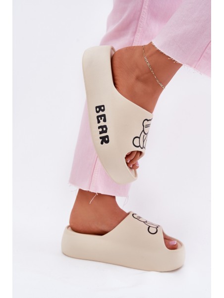 Ladies Foam Slippers On Massive Sole With Bear Light Beige Lamira