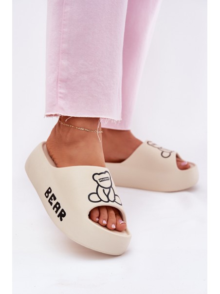 Ladies Foam Slippers On Massive Sole With Bear Light Beige Lamira
