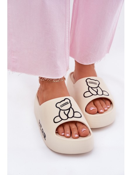 Ladies Foam Slippers On Massive Sole With Bear Light Beige Lamira