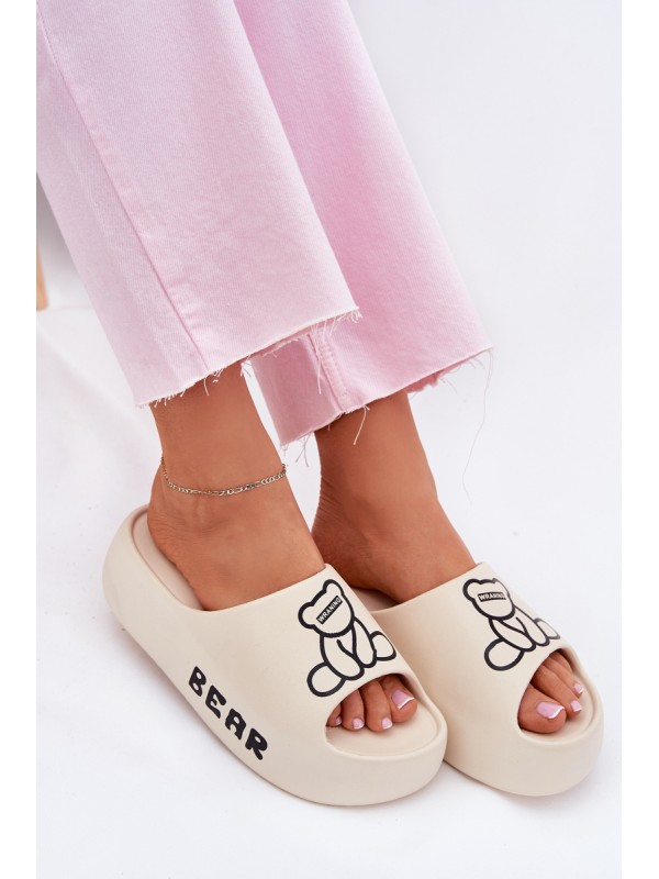 Ladies Foam Slippers On Massive Sole With Bear Light Beige Lamira