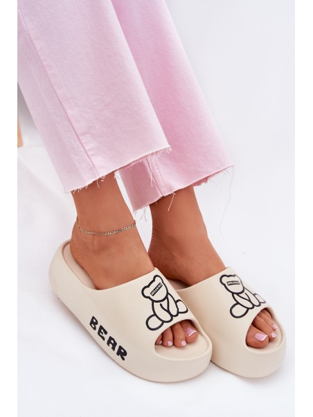 Ladies Foam Slippers On Massive Sole With Bear Light Beige Lamira
