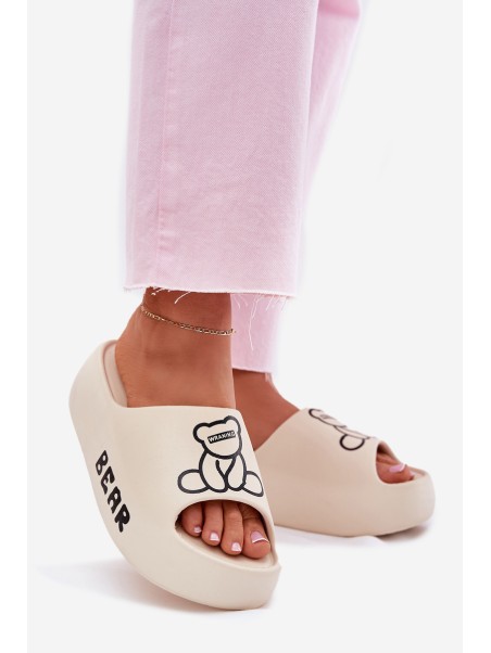Ladies Foam Slippers On Massive Sole With Bear Light Beige Lamira