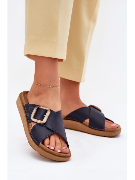 Women's Leather Slippers With Buckle Inblu Dark Blue ED0003IU