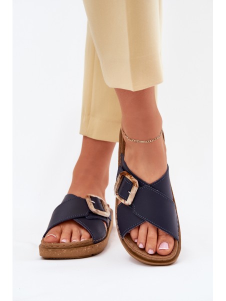 Women's Leather Slippers With Buckle Inblu Dark Blue ED0003IU
