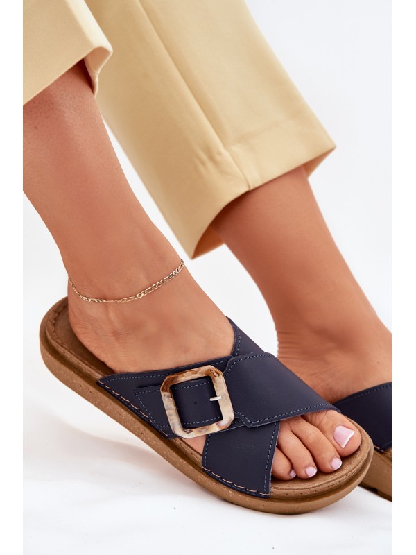 Women's Leather Slippers With Buckle Inblu Dark Blue ED0003IU
