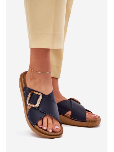 Women's Leather Slippers With Buckle Inblu Dark Blue ED0003IU