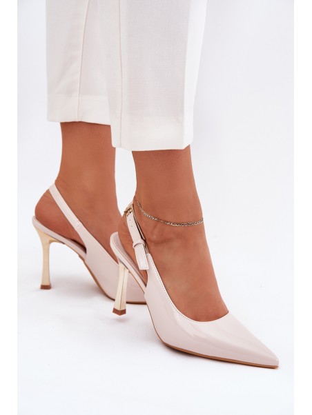 Lacquered Heels With Open Back And Pointed Toes Light Beige Rivori
