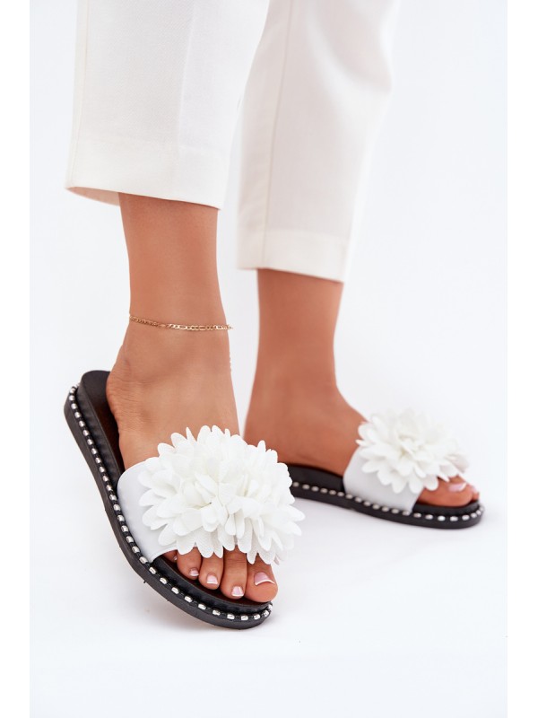 Women's Slippers Decorated With Flowers White Cellanen