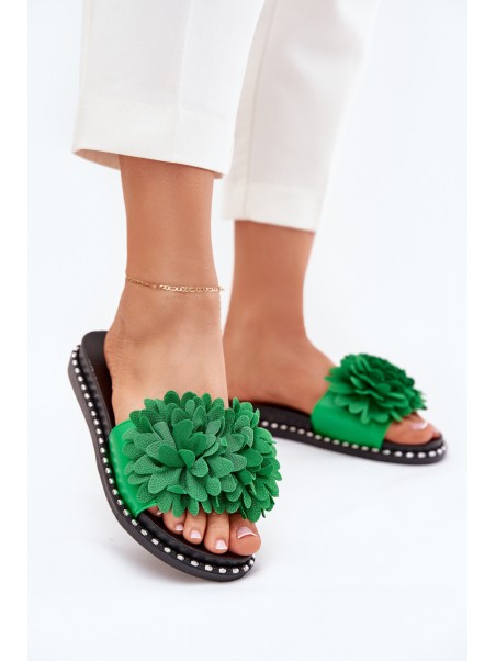 Ladies flip flops decorated with flowers green Cellanen