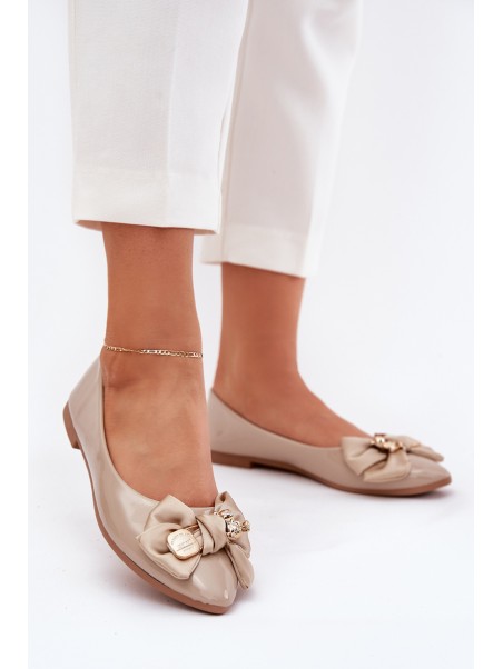 Glossy Ballerinas With Bow And Golden Brooch Dark Beige Rivona