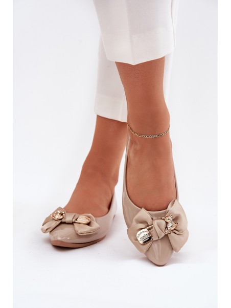 Glossy Ballerinas With Bow And Golden Brooch Dark Beige Rivona