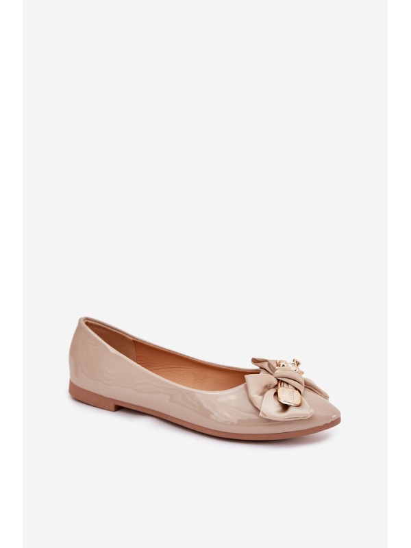 Glossy Ballerinas With Bow And Golden Brooch Dark Beige Rivona