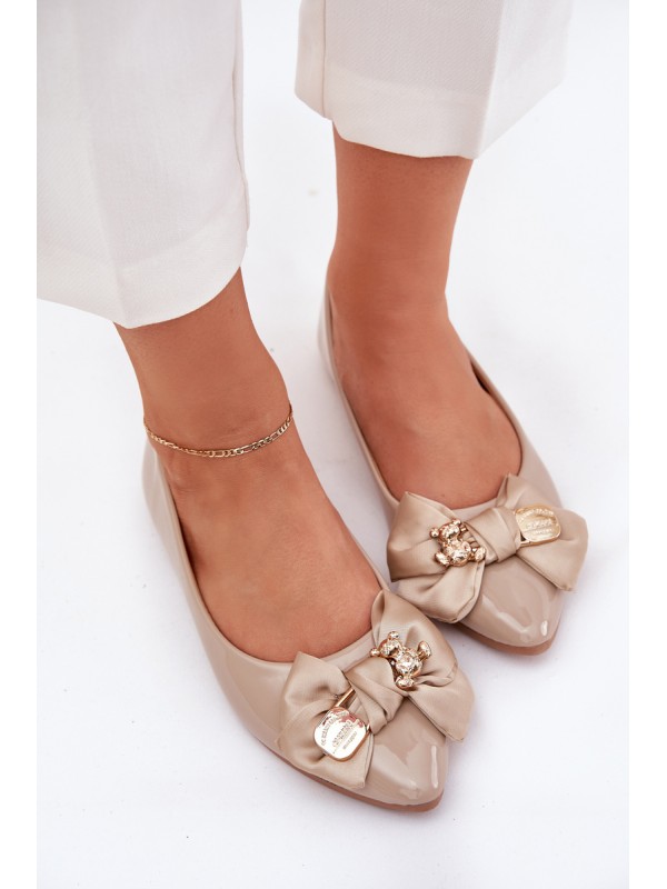 Glossy Ballerinas With Bow And Golden Brooch Dark Beige Rivona