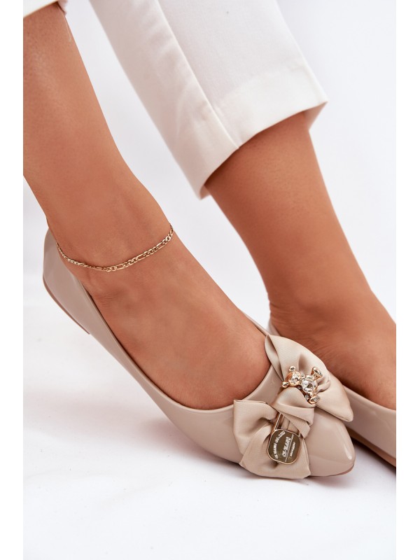 Glossy Ballerinas With Bow And Golden Brooch Dark Beige Rivona