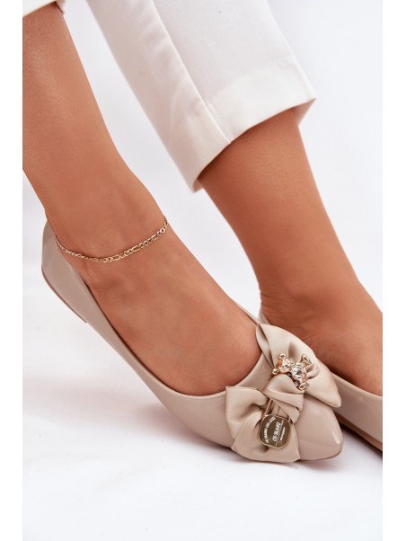 Glossy Ballerinas With Bow And Golden Brooch Dark Beige Rivona