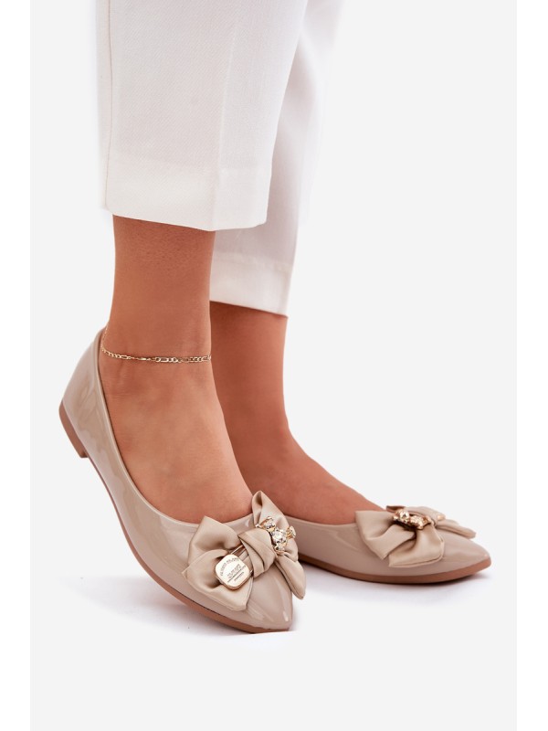 Glossy Ballerinas With Bow And Golden Brooch Dark Beige Rivona