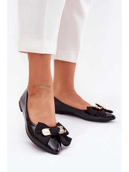 Glossy ballerinas with bow and gold brooch black Rivona