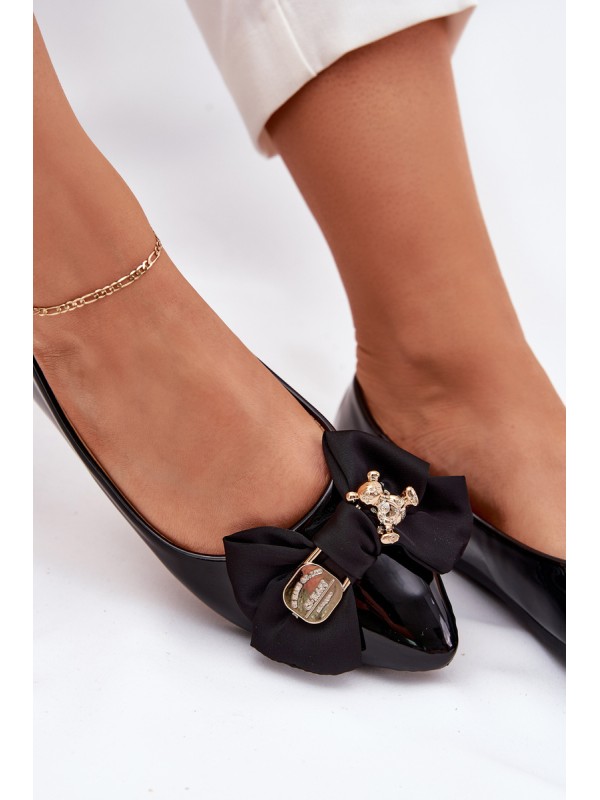 Glossy ballerinas with bow and gold brooch black Rivona