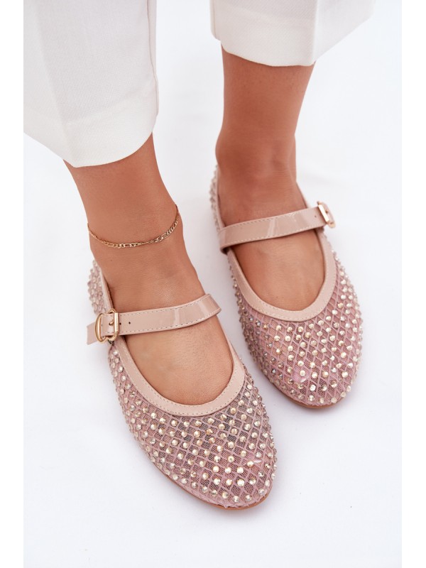 Embellished Women's Ballerinas With Strap And Buckle Beige Avirae