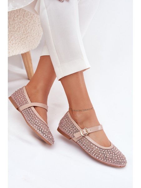 Embellished Women's Ballerinas With Strap And Buckle Beige Avirae