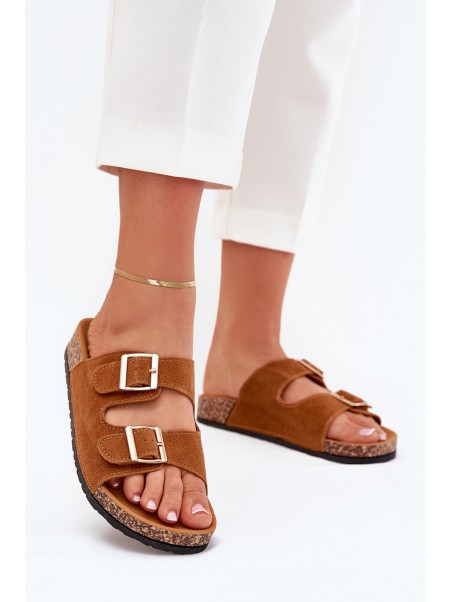 Women's Slippers With Golden Buckles And Stitching Camel Lunera