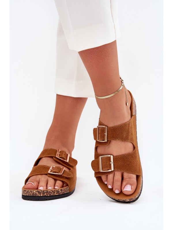 Women's Slippers With Golden Buckles And Stitching Camel Lunera 2