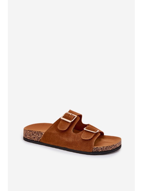 Women's Slippers With Golden Buckles And Stitching Camel Lunera