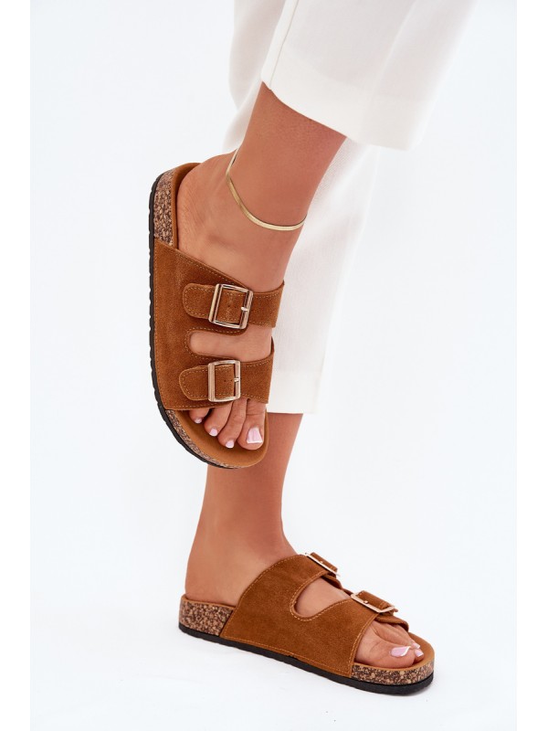 Women's Slippers With Golden Buckles And Stitching Camel Lunera