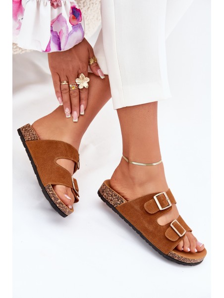 Women's Slippers With Golden Buckles And Stitching Camel Lunera