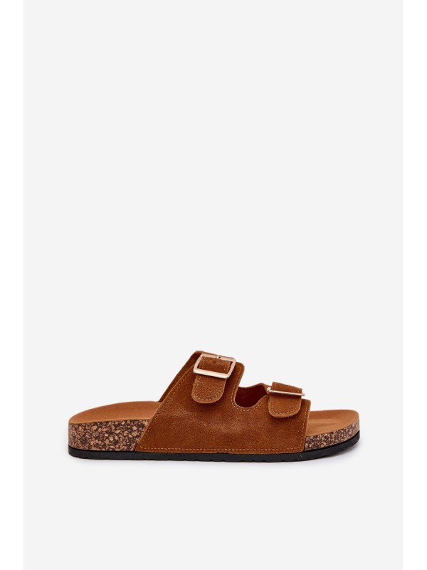 Women's Slippers With Golden Buckles And Stitching Camel Lunera