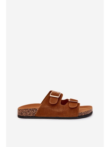 Women's Slippers With Golden Buckles And Stitching Camel Lunera