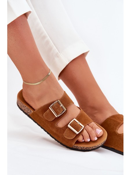 Women's Slippers With Golden Buckles And Stitching Camel Lunera