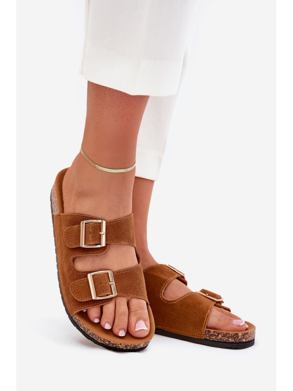 Women's Slippers With Golden Buckles And Stitching Camel Lunera