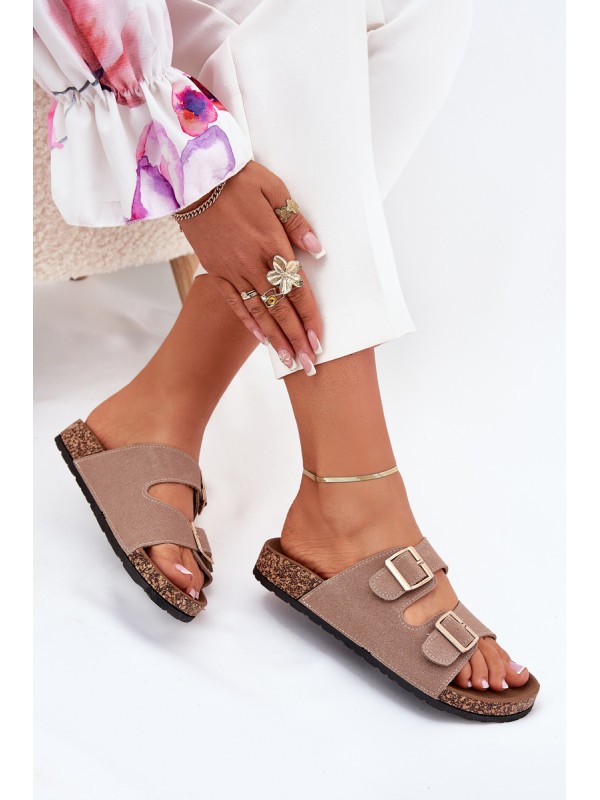 Women's sandals with golden buckles and stitching khaki Lunera