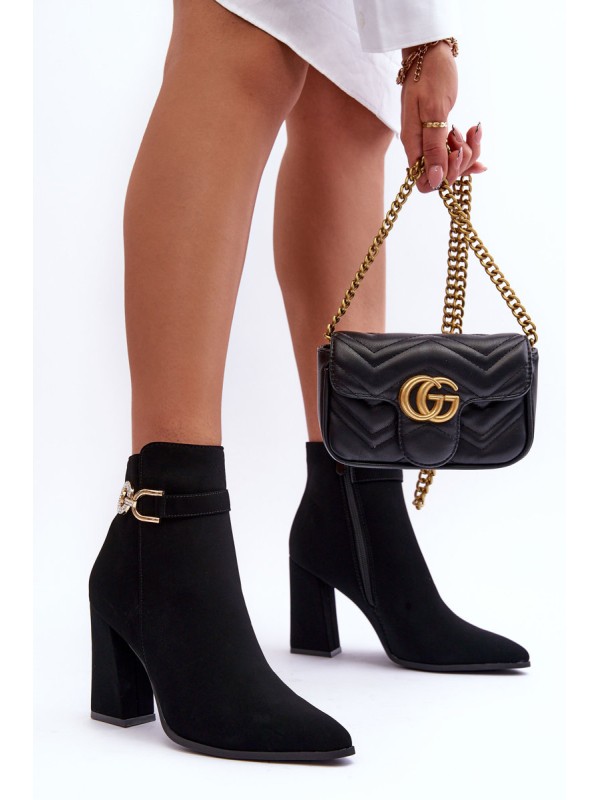 Leather Boots On Heel With Ornament Black Lymall