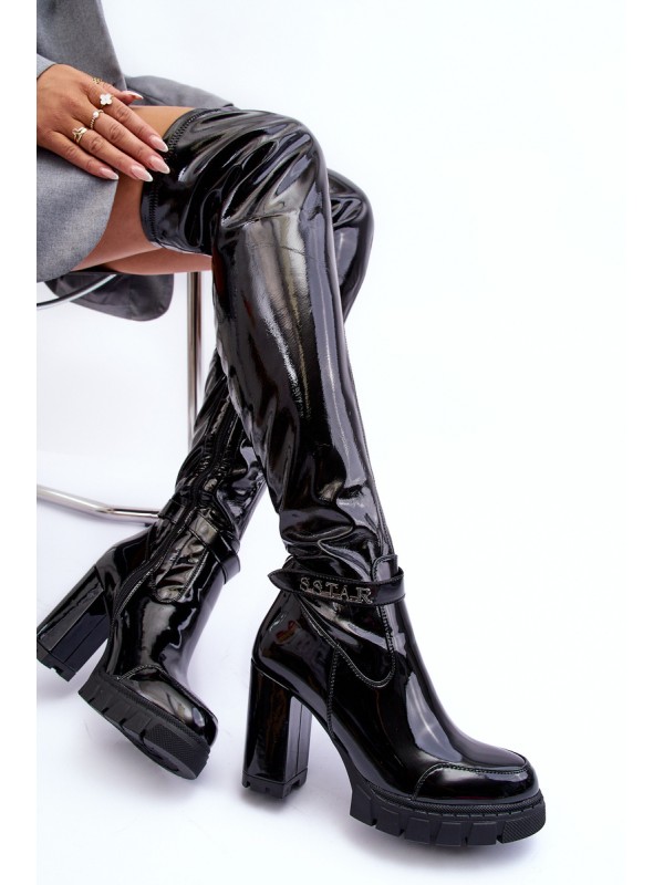 Lacquered Over The Knee Boots On Massive Heel Black Kytia