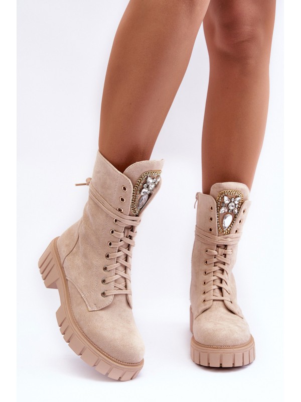 Leather Boots Workery With Jewellery Decoration Beige Marx 2