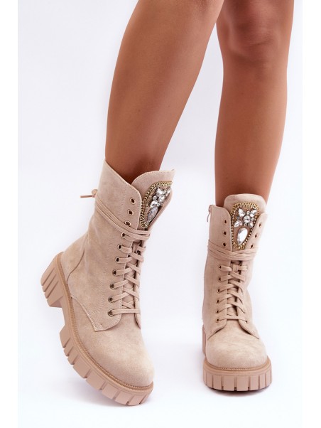 Leather Boots Workery With Jewellery Decoration Beige Marx