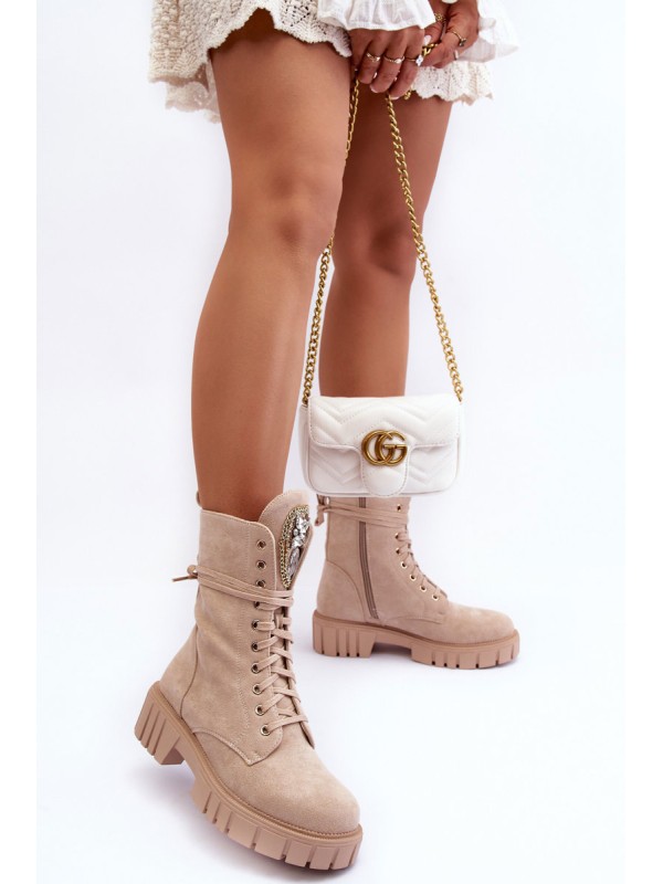 Leather Boots Workery With Jewellery Decoration Beige Marx