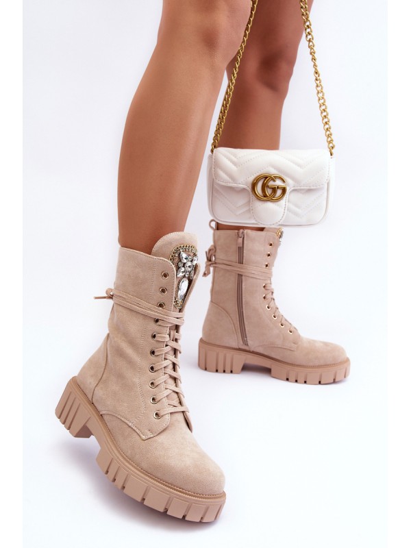 Leather Boots Workery With Jewellery Decoration Beige Marx