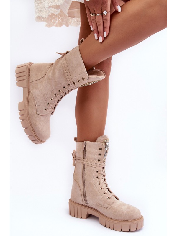 Leather Boots Workery With Jewellery Decoration Beige Marx