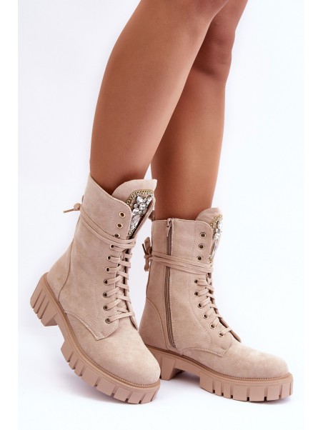Leather Boots Workery With Jewellery Decoration Beige Marx