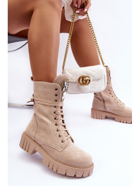 Leather Boots Workery With Jewellery Decoration Beige Marx
