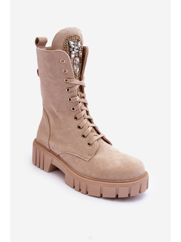 Leather Boots Workery With Jewellery Decoration Beige Marx